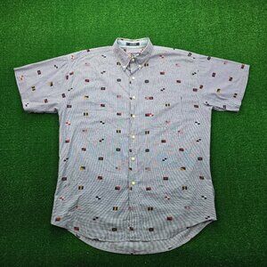 Chaps Ralph Lauren Shirt Men Large/XL Blue Button‎ Down Vintage AOP Flags Summer